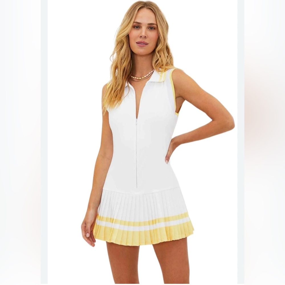 White Dress with Yellow & White Striped Accents — Approx. Size L,